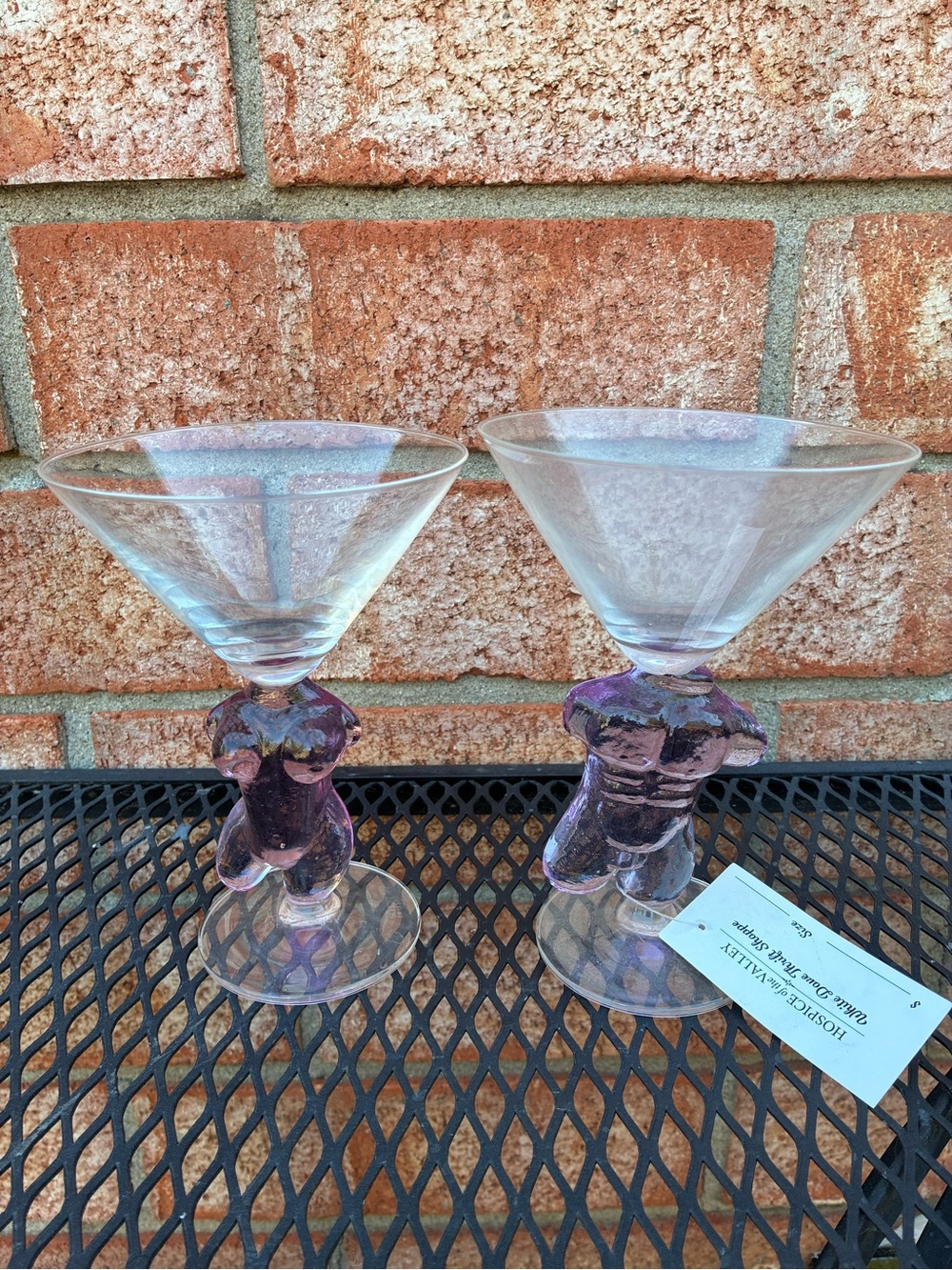 Set of 2 Purple Glass Martini Goblets with Figurine Stems